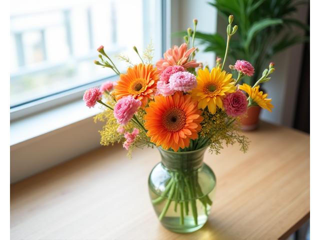 自宅のテーブルに飾られた季節の花々